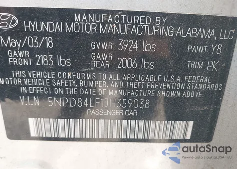 2018 Hyundai Elantra Sel z USA, uszkodzony, nr VIN 5NPD84LF1JH359038